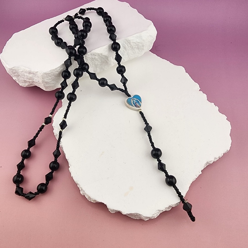 Black Beaded Our Lady of Guadalupe Heart Necklace Gothic Rosary Style Lariat